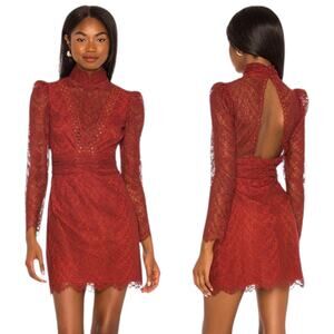 Saylor Celia Puff Shoulder Lace Mini Dress Russet Orange Size XS